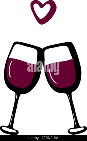 Vector doodle hand drawn sketch black red illustration of two wine glasses couple love drink symbol sign line icon on white background. Valentines day Stock Vector