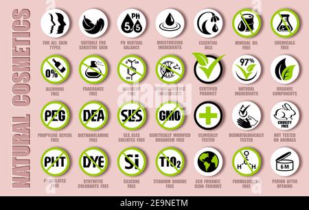 Vector package icon set of natural cosmetics icons, organic components signs, bio ingredients pictograms, eco friendly labels, bio products packaging Stock Vector