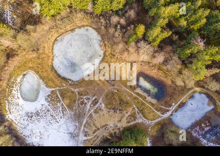 Drone top view of frozen lakes covered with ice at the winter season and some green coniferous trees in a forest in central Europe. Stock Photo