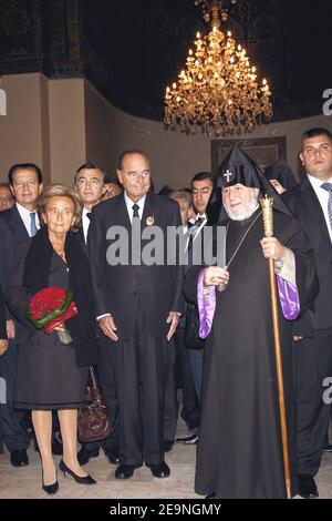 French President Jacques Chirac and his wife Bernadette and Foreign Affairs Minister Philippe Douste-Blazy visit the Etchmiadzine Cathedral with Armenia's Apostolic Church Catholicos of all Armenians Karenine II in Yerevan, Armenia on October 1, 2006 Photo by Thierry Orban/ABACAPRESS.COM Stock Photo