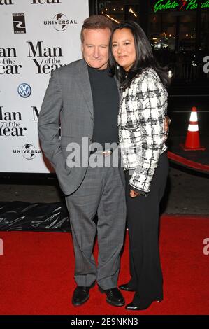 Robin Williams and his wife Marsha Garces attend the world premiere of Universal Pictures 'Man of the Year' held at the Chinese Theatre on Hollywood Boulevard in Los Angeles, CA, USA on October 4, 2006. Photo by Lionel Hahn/ABACAPRESS.COM Stock Photo