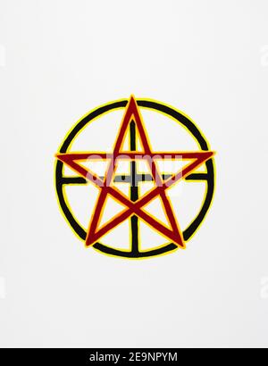 Hand drawn red pentagram with black cross in a circle Stock Photo