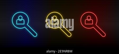 Neon icon set avatar, user, search. Set of red, blue, yellow neon vector icon Stock Vector
