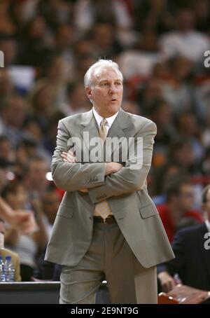 San Antonio Spurs' coach Gregg Popovich during an exhibition match at the Bercy Stadium in Paris, France on October 8, 2006. San Antonio Spurs is in Paris as part of NBA Europe Live tour, a promotional event which brought four NBA teams, the Suns, the Philadelphia 76ers, the Los Angeles Clippers and the San Antonio Spurs to Europe. Spurs won 97-84. Photo by Christian Liewig/ABACAPRESS.COM Stock Photo