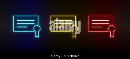 Neon icon set diploma. Set of red, blue, yellow neon vector icon Stock Vector