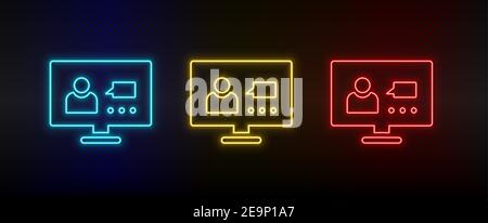 Neon icon set computer, video, conference, users. Set of red, blue, yellow neon vector icon Stock Vector