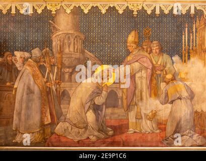 TRNAVA, SLOVAKIA - OCTOBER 14, 2014: The fresco of the scenes from st. Nicholas live by Leopold Bruckner (1905 - 1906) in St. Nicholas church. Stock Photo
