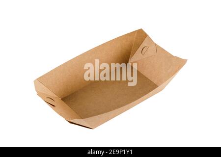 Eco natural plate for food with empty space. Disposable ecological utensils on white background. Sustainability of planet. Cardboard plate made of fib Stock Photo