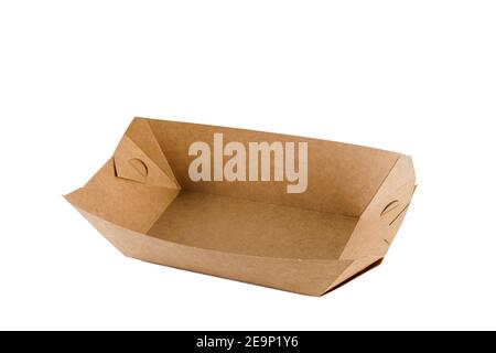 Eco natural plate for food with empty space. Disposable ecological utensils on white background. Sustainability of planet. Cardboard plate made of fib Stock Photo