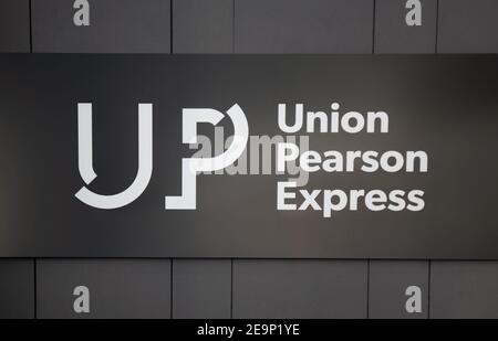 Toronto, Ontario, Canada-4 May, 2020: UP Express train shuttle terminal at Union that connects Toronto downtown and Toronto Pearson airport. Stock Photo