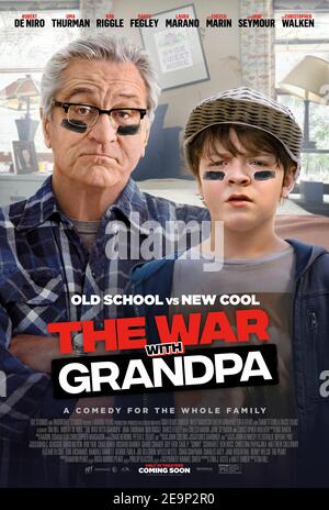 War with Grandpa (2020) directed by Tim Hill and starring Robert De Niro, Uma Thurman and Rob Riggle. Upset that he has to share the room he loves with his grandfather, Peter decides to declare war in an attempt to get it back. Stock Photo