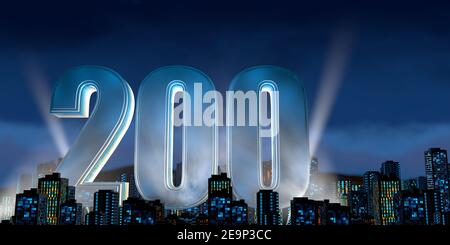 Number 200 in thick blue font lit from below with white light reflectors floating in the middle of a city center with tall buildings with blue lights Stock Photo