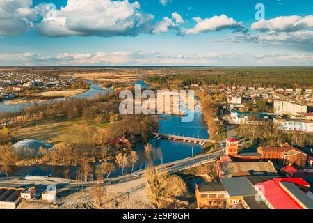 Dobrush, Gomel Region, Belarus. Aerial View Of Old Paper Factory. Historical Heritage In Bird's-eye View Stock Photo