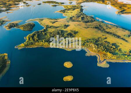 Braslaw Or Braslau, Vitebsk Voblast, Belarus. Aerial View Of Nedrava Lake And Green Forest Landscape In Sunny Autumn Morning. Top View Of Beautiful Stock Photo