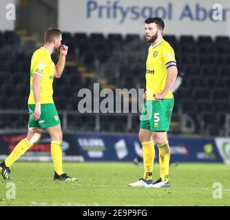 Liberty Stadium, Swansea, Glamorgan, UK. 5th Feb, 2021. English Football League Championship Football, Swansea City versus Norwich City; Grant Hanley of Norwich City stands dejected after the 2-0 loss Credit: Action Plus Sports/Alamy Live News Stock Photo