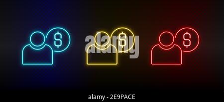 Neon icon set dollar, money, user. Set of red, blue, yellow neon vector icon Stock Vector