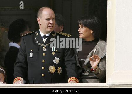 Prince Albert II and princess Stephanie of Monaco attend, from the Palace's balcony, the standard release ceremony and military parade on palace square in Monaco as part of National's day ceremonies on Nov. 19, 2006. Photo by Nebinger-Orban/ABACAPRESS.COM Stock Photo