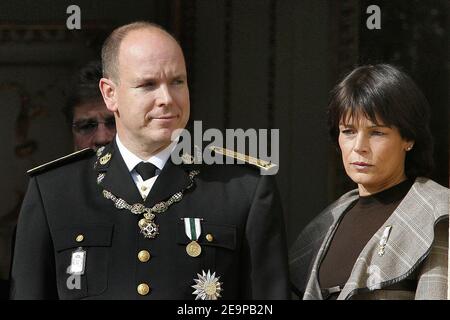 Prince Albert II and Princess Stephanie of Monaco attend, from the Palace's balcony, the standard release ceremony and military parade on palace square in Monaco as part of National's day ceremonies on Nov. 19, 2006. Photo by Nebinger-Orban/ABACAPRESS.COM Stock Photo