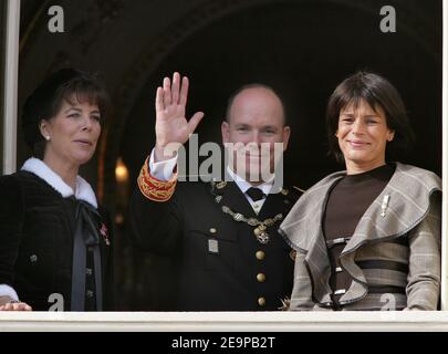 Prince Albert II of Monaco, flanked by his two sisters princesses Stephanie of Monaco and Caroline of Hanover attend, from the Palace's balcony, the standard release ceremony and military parade on palace square in Monaco as part of National's day ceremonies on Nov. 19, 2006. Photo by Nebinger-Orban/ABACAPRESS.COM Stock Photo