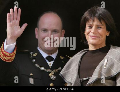 Prince Albert II of Monaco, flanked by his sister princesse Stephanie of Monaco attend, from the Palace's balcony, the standard release ceremony and military parade on palace square in Monaco as part of National's day ceremonies on Nov. 19, 2006. Photo by Nebinger-Orban/ABACAPRESS.COM Stock Photo