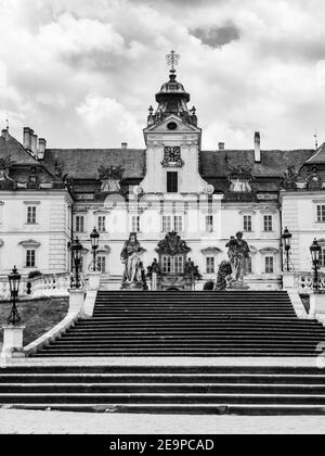 Baroque castle Valtice in Lednice-Valtice Cultural Landscape, Czech Republic. Black and white image. Stock Photo