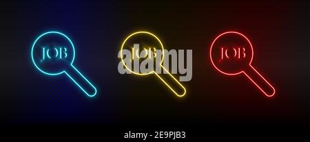 Neon icon set job, search. Set of red, blue, yellow neon vector icon Stock Vector