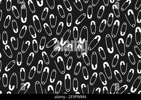 Safety pin cartoon seamless pattern. Sewing pins hand drawn tailoring monochrome flat design. Scrapbook, wrapping paper, textile, fabric, wallpaper, tile black background vector illustration Stock Vector