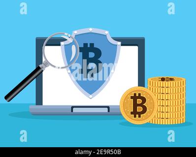 laptop with bitcoin symbol in shield and magnifying glass vector illustration design Stock Vector