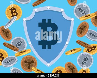 bitcoin symbol in shield with crypto coins pattern vector illustration design Stock Vector