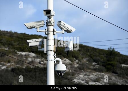 Le Rove, France. 2nd Feb, 2021. Surveillance cameras in Le Rove, France.More and more French municipalities are using surveillance cameras to monitor motorists. Credit: Gerard Bottino/SOPA Images/ZUMA Wire/Alamy Live News Stock Photo