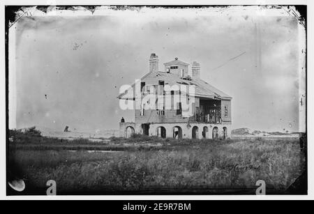 Morris Island, South Carolina. The Beacon House after the struggle for Fort Wagner, July 18, 1863. It was the headquarters of General W.H. Davis of the 104th Pennsylvania and had also been Stock Photo