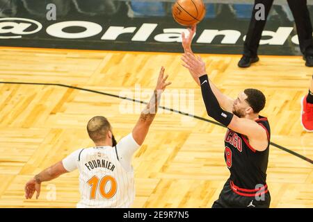 Orlando, Florida, USA, February 5, 2021, Chicago Bulls player Zach LaVine #8 takes a shot during the game against the Orlando Magic at the Amway Center  (Photo Credit:  Marty Jean-Louis) Credit: Marty Jean-Louis/Alamy Live News Stock Photo