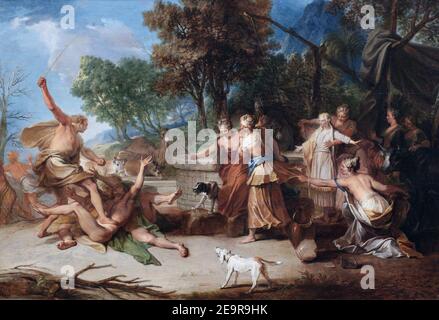 Moses defending the daughters of Jethro, by Nicholaas Verkolje. Stock Photo