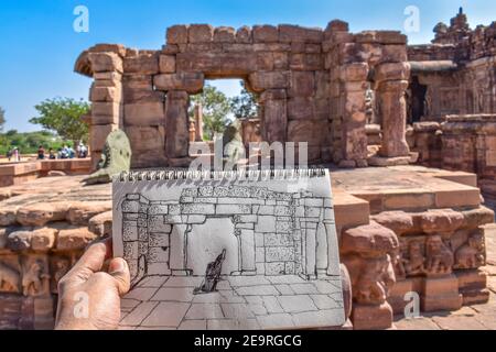 architectural sketch of brown stone mallikarjuna temple entrance with black nandi statue under blue sky Stock Photo