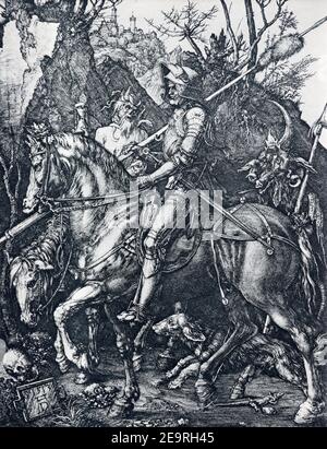 BERNOLAKOVO, SLOVAKIA, DECEMBER 29, 2016: The lithography Four Horsemen of the Apocalypse by Albert Dürer (1513) printed in Germany (1928). Stock Photo