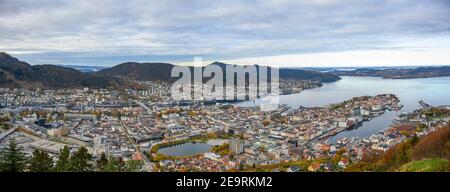 Panoramic views of Bergen, Norway from the top of the viewpoint Panorama Fløyfjellet, in the autumn morning. This is a popular tourist destination. Stock Photo
