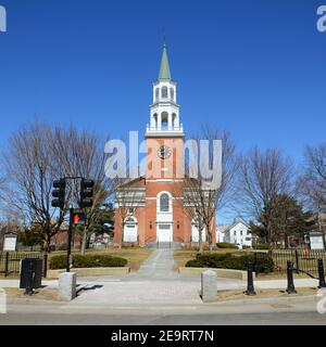 First Unitarian Church was built in 1816 at the head of Church Street as the oldest house of worship in Burlington, Vermont VT, USA. Stock Photo