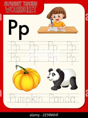 Alphabet tracing worksheet with letter P and p illustration Stock Vector