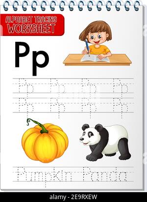 Alphabet tracing worksheet with letter P and p illustration Stock Vector