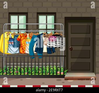 Many clothes hanging on a clothes rack in front of the house scene illustration Stock Vector