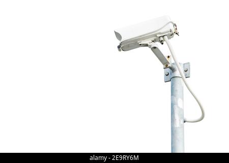 CCTV Camera in weather sealed housing outdoor unit setup on post isolated on white background Stock Photo