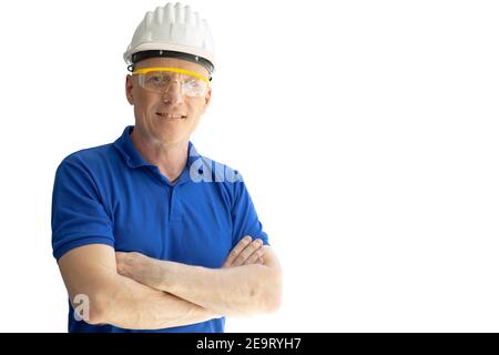 Engineer worker foreman standing arm crossed isolated looking camera smiling on white background with clipping path Stock Photo
