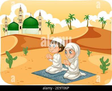 Muslim sister and brother in praying position cartoon character illustration Stock Vector