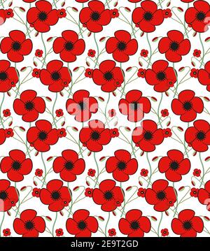 Red Poppy Flower seamless vector pattern floral background. Perfect for greeting, cards, invitations, wallpaper, wrapping paper, textile, web Stock Vector