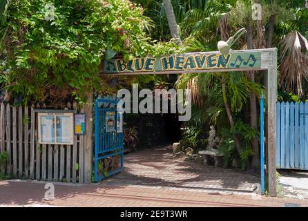Key West, Florida, United States - July 11 2012: Entrance of Blue Heaven Restaurant in the Bahama Village Neighborhood. A popular place for breackfast Stock Photo