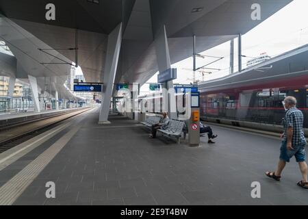 Vienna, Austria - August 30, 2020: Platform on Wien Hauptbahnhof train station. Stock Photo