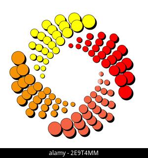Spiral of dots in yellow orange and red four shades with shadows. Abstract dotted eps10 vector background icon isolated on white. Stock Vector