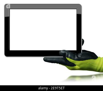 One hand with a protective work glove holds a blank digital tablet computer, isolated on white background with copy space and reflection. Stock Photo