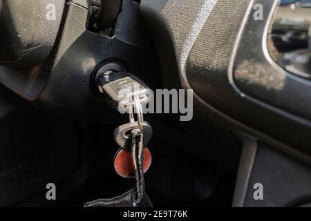 Ignition key in ignition lock Stock Photo