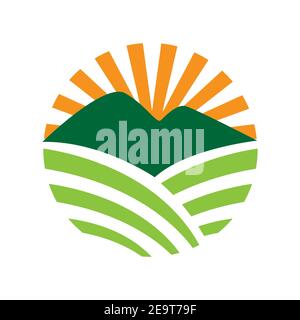 green field with sun for your farm logo design vector illustrations Stock Vector